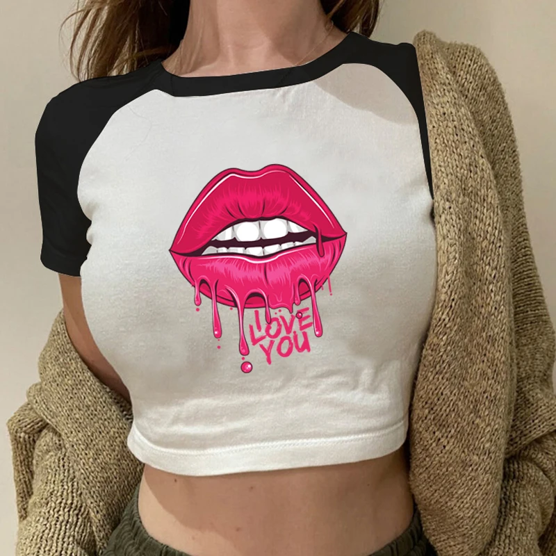 

Love You Lips Graphic Print Streetwear Women's Crop T-shirt American Retro Raglan Sleeves O-Neck Female Short T Shirt Summer Tee