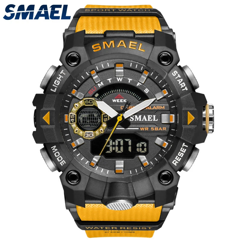 

SMAEL Fashion Men's Sport Watches Shock Resistant 50M Waterproof Wristwatch LED Alarm Stopwatch Clock Military Watches Men 8040