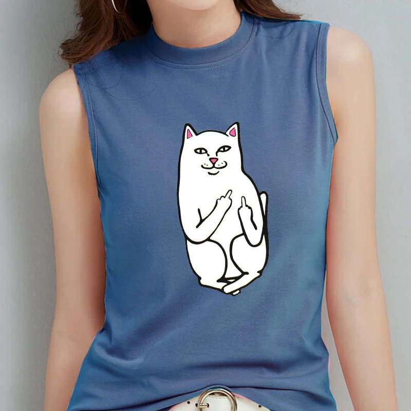 

7 Color Eu Size Women's Japan The Middle Finger Cats Sleeveless vest T-shirt Harajuku shirt Casual Rip Tank top Dip Summer Tees