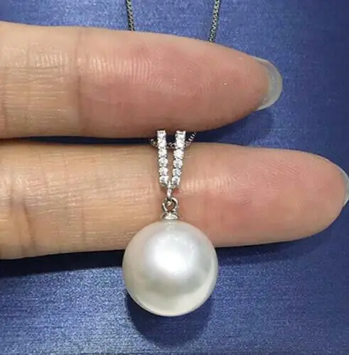 

AAA+ 11-10mm Real Natural White South Sea Round Pearl Pendant Necklace S925