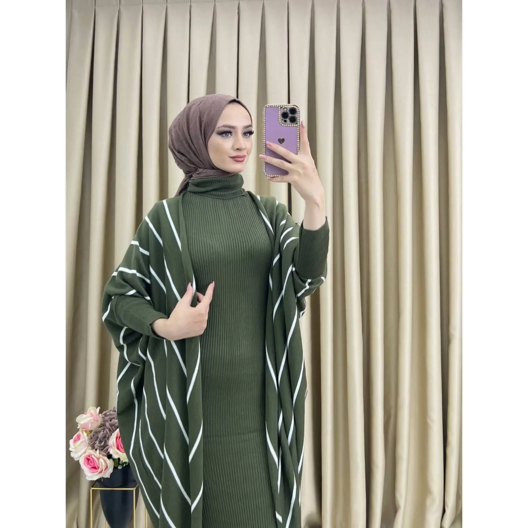 

Muslim Women's Two Piece Knitwear Dress Set batwing Stripe Pattern Cardigan and Long Sleeve Turtleneck Long Dress Set Turkey