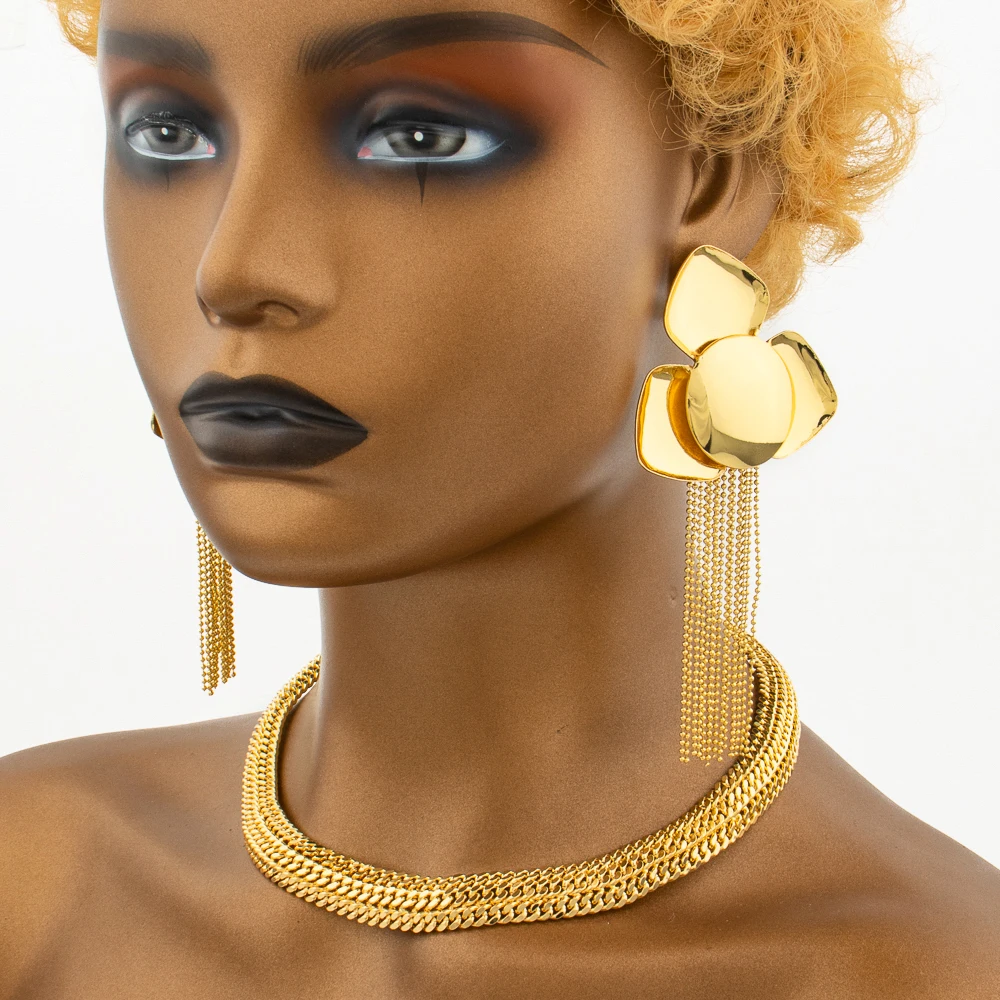 

Gold Plated Jewelry Set 2023 Trend Italian Weddings Exaggerate Choker Necklace and Earrings Jewellery Party Bridal Ladies Gifts