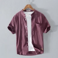 100 cotton man stylish button blouse summer casual tops masculina fashion striped men shirts short sleeve stand collar shirt