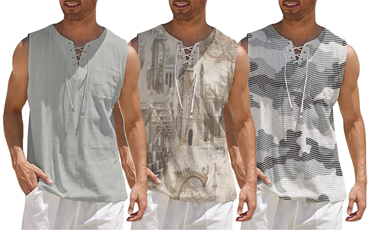 

Cotton Linen Vest Men Fashion Drawstring V Neck Sleeveless Shirt Summer Street Casual Shirt Gym Fitness Slim Tank Top