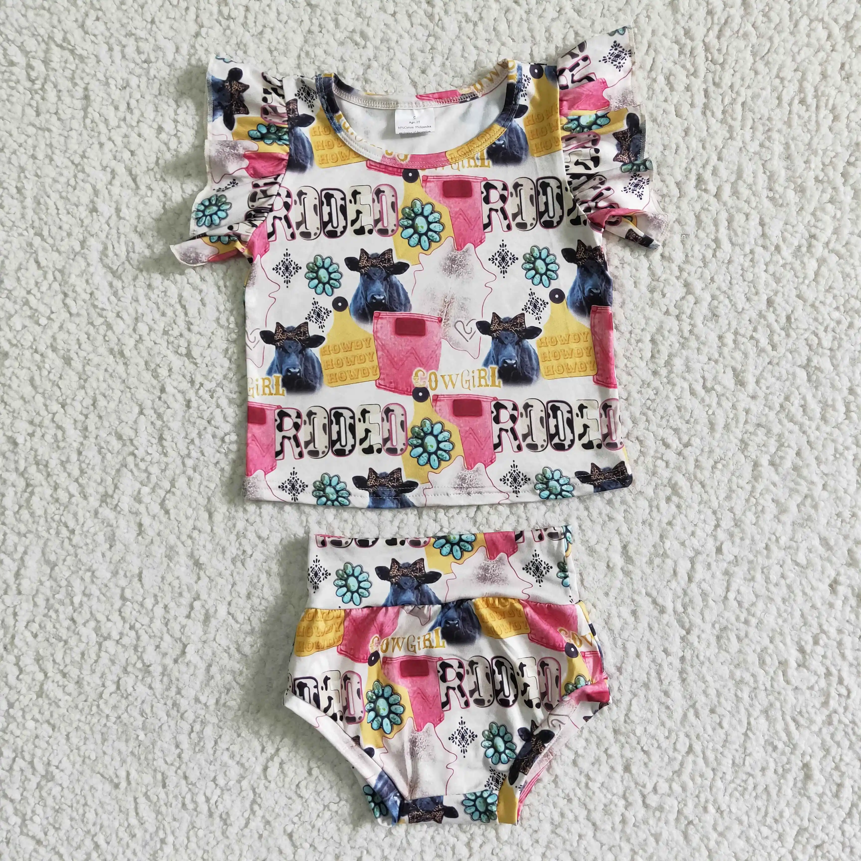

hot sale toddler kids clothes outfit summer baby girl boutique clothing set short sleeve top and bummies set kids clothing