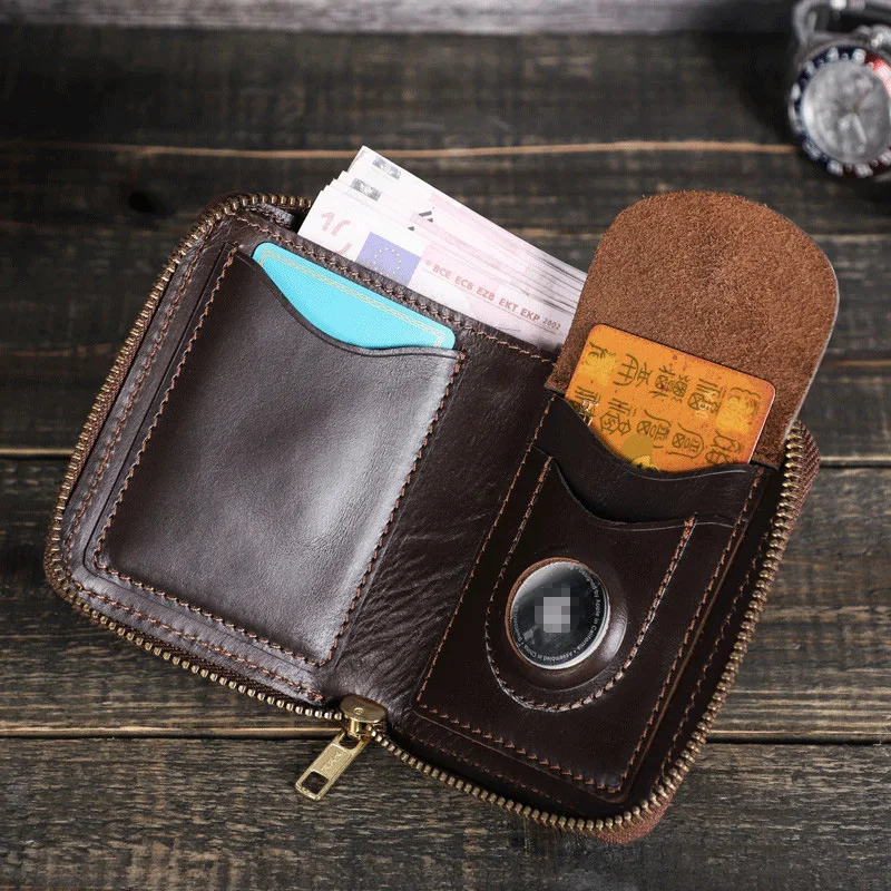 

YKOSM Luxury Genuine Leather Airtag Wallet Men Women RFID Blocking Zipper Purse Anti-lost ID Credit Card Bag With Airtags Case