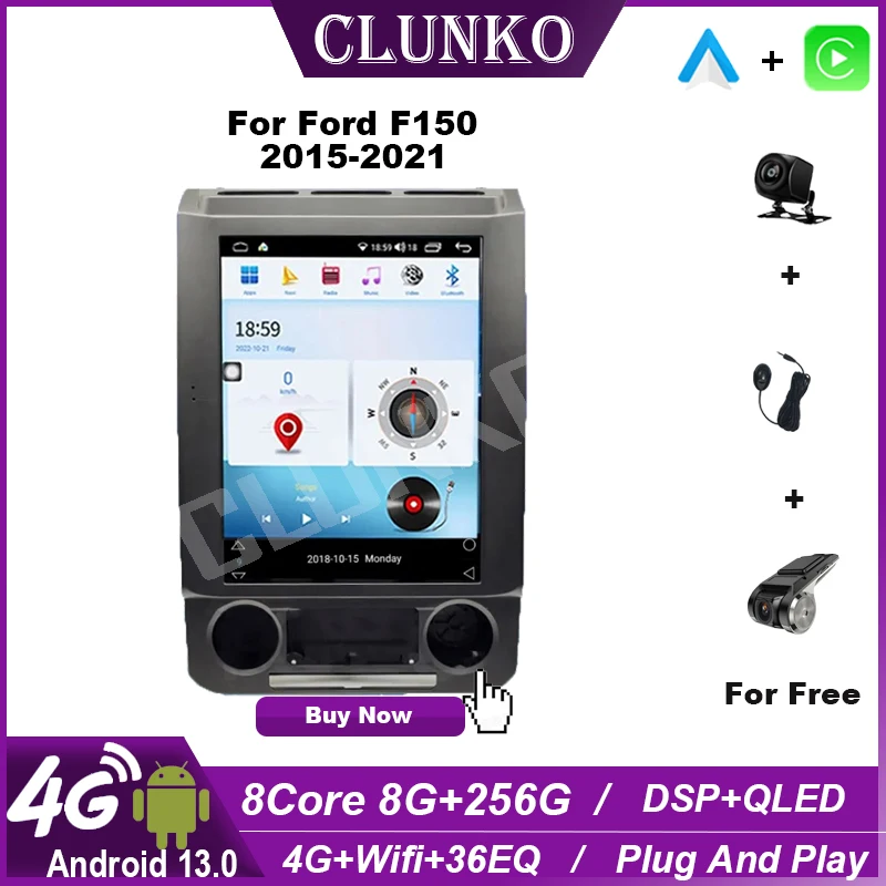 

Clunko For Ford F150 2015 - 2021 Android Car Radio Stereo Tesla Screen Multimedia Player Carplay Auto 8G+256G 4G WiFi Bluetooth