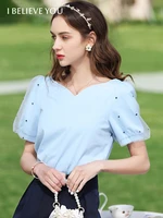 i believe you summer t shirts 100 cotton vneck gauze patchwork puff short sleeves tops chic slim fit woman tshirts 2222014482