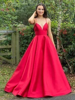 simple red evening dresses 2022 long deep v neck sleeveless spaghetti strap satin a line floor length formal prom gowns elegant