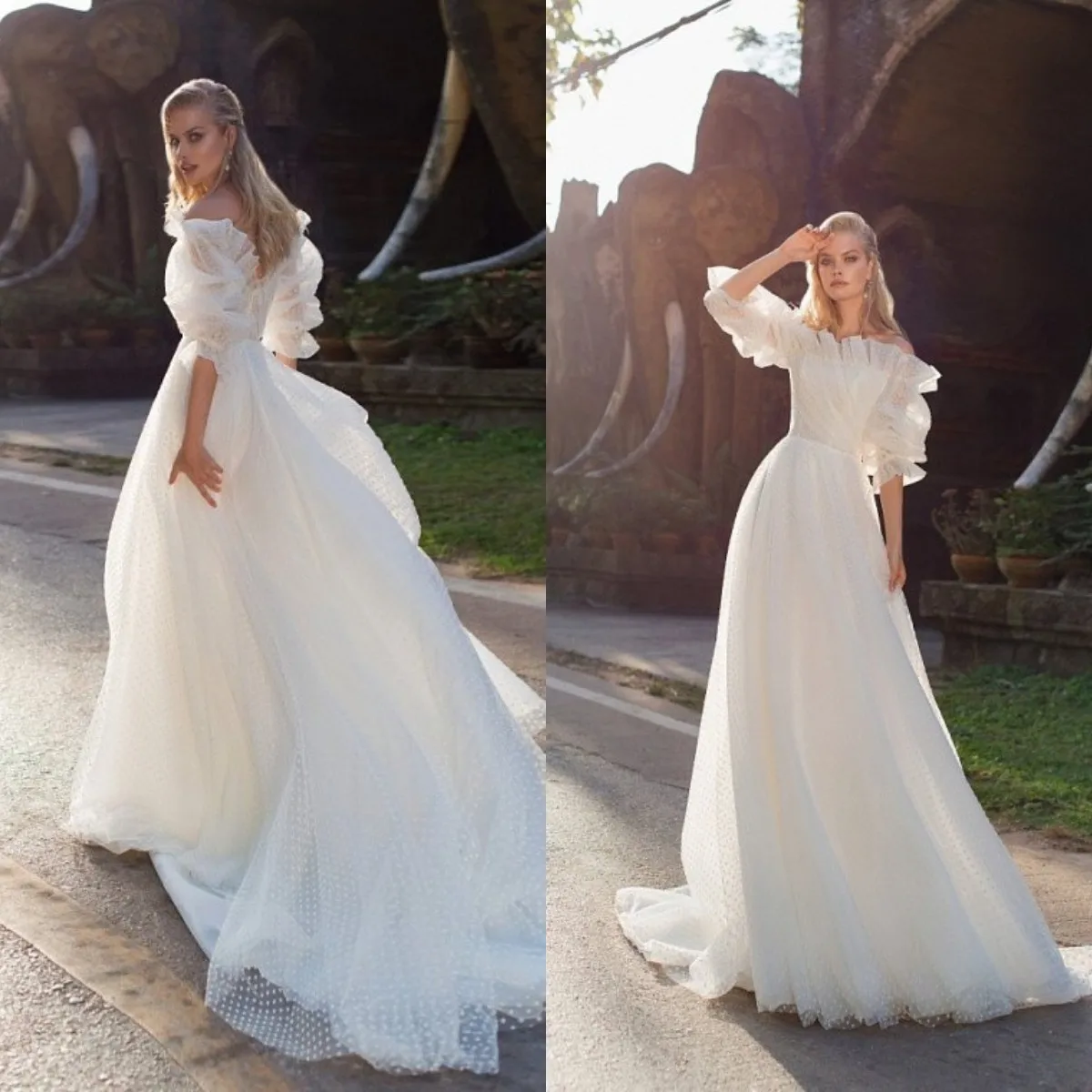 

Boho Ruffles Wedding Dresses 2022 Bohemian Half Sleeve Wedding Gowns Off The Shoulder Beach Sweep Train Bridal Dress