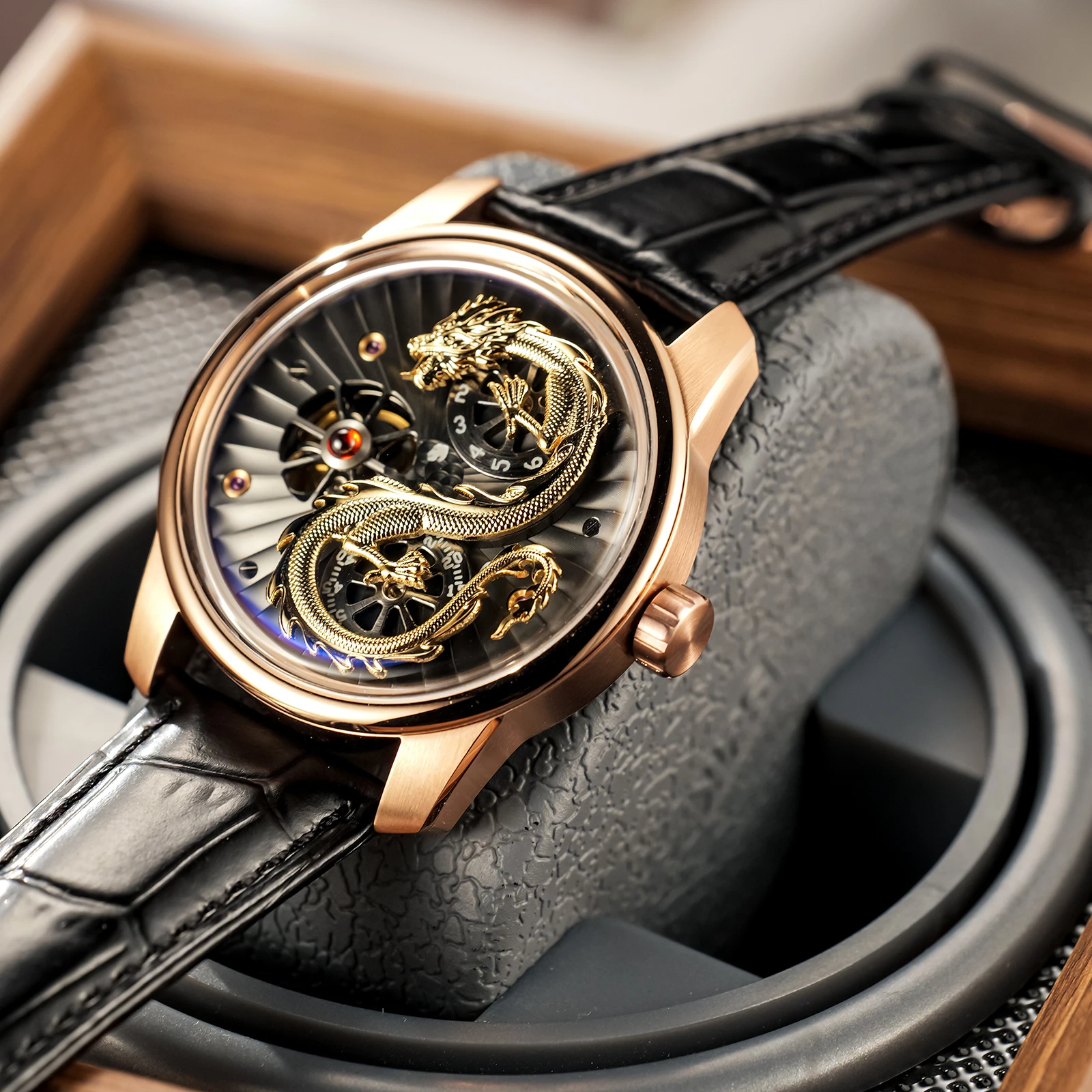 Автоматические часы OBLVLO мужские цвет розовое золото искусственная кожа