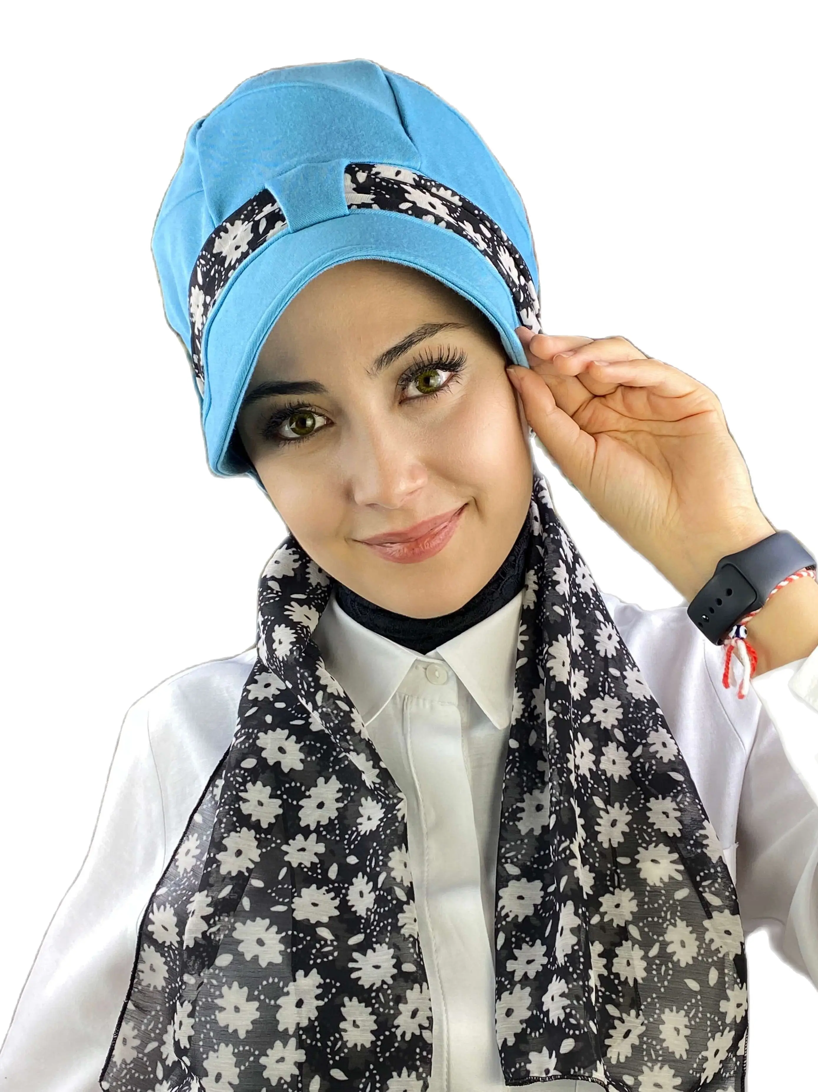 

New Fashion 2022 Summer Hijab Shawl Bonnet Tulle Foulard Cancer Cap Women Light Blue Single Unit White Floral Scarf Hat