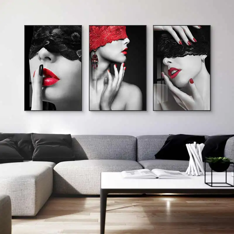 

Модный плакат с сексуальной женщиной, картина с девушкой, красные губы, ногти, настенное искусство, маскарадная Картина на холсте, скандинав...