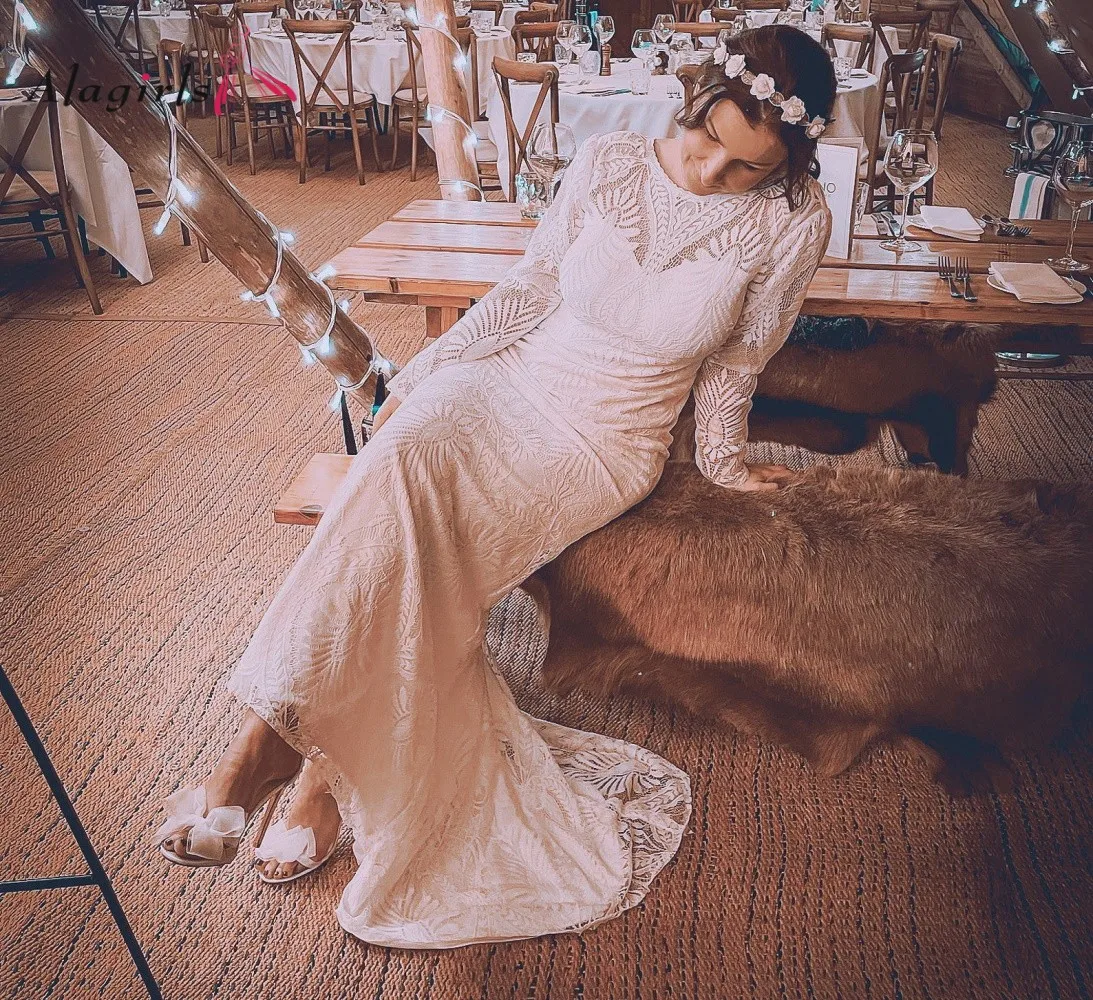 

Scoop Neck Boho Wedding Dress Long Sleeves Lace Bohemian Bridal Gowns Custom Made Open Back Beach Bride Dress Vestido De Noiva