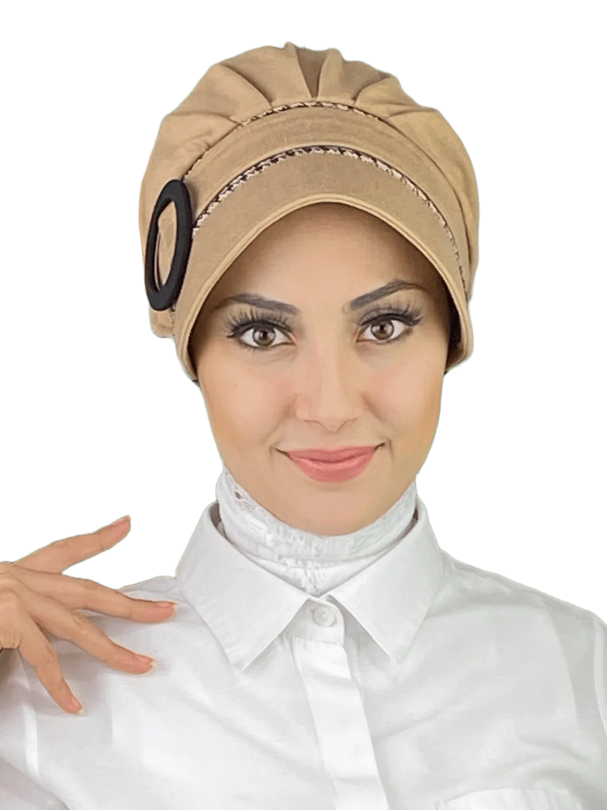 

Beige Kazayak Detailed Buckle Hat New Fashion Islamic Muslim Women Scarf Trend Headscarf Ready-to-Wear Bere Chiffon