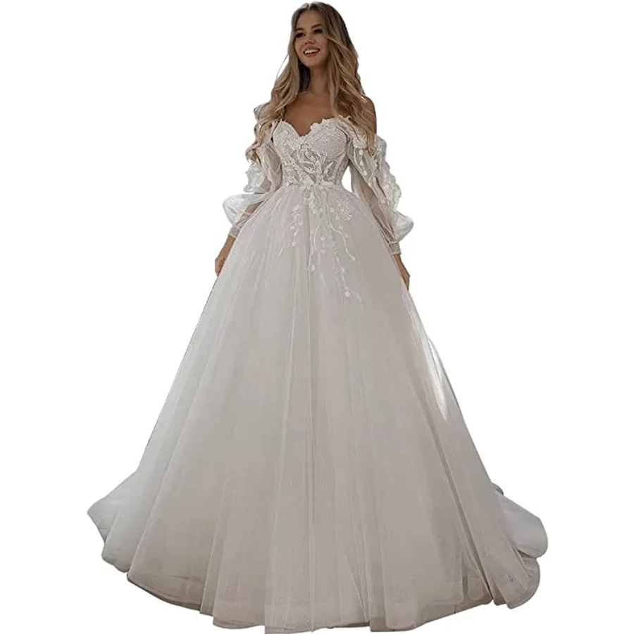 

MQUPIN Sweetheart Wedding Dress Appliques Off Shoulder Long Sleeves Beach Ball Gown Wedding Dress for Bride 2022 MP039