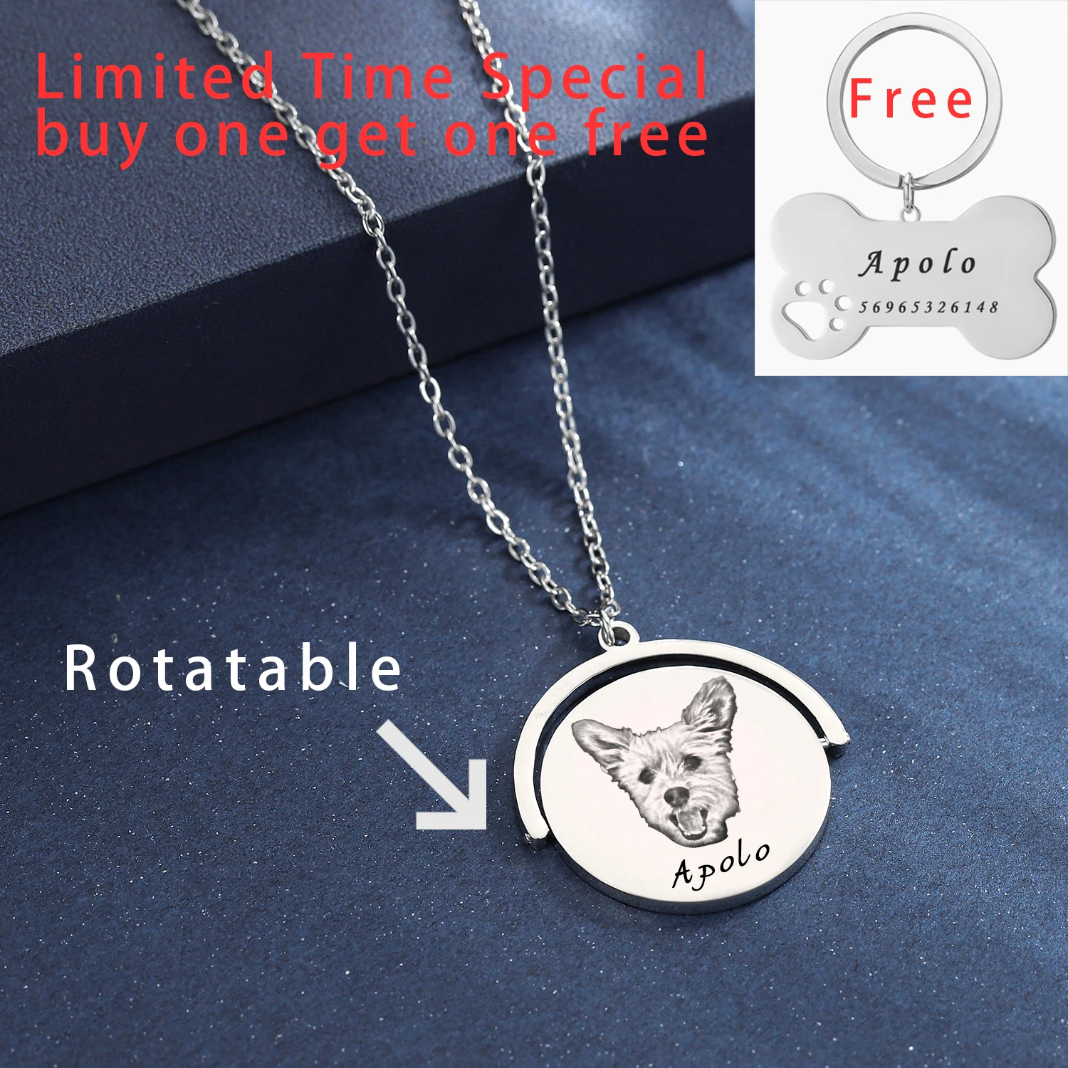 Personalized Pet Photo Engraved Necklace Stainless Steel Engraved Rotatable Pendants Relieve Stress Necklace for 