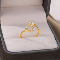 zircon star moon rings for women stainelss steel open adjustable double geometric finger rings wedding aesthetic jewelry anillos
