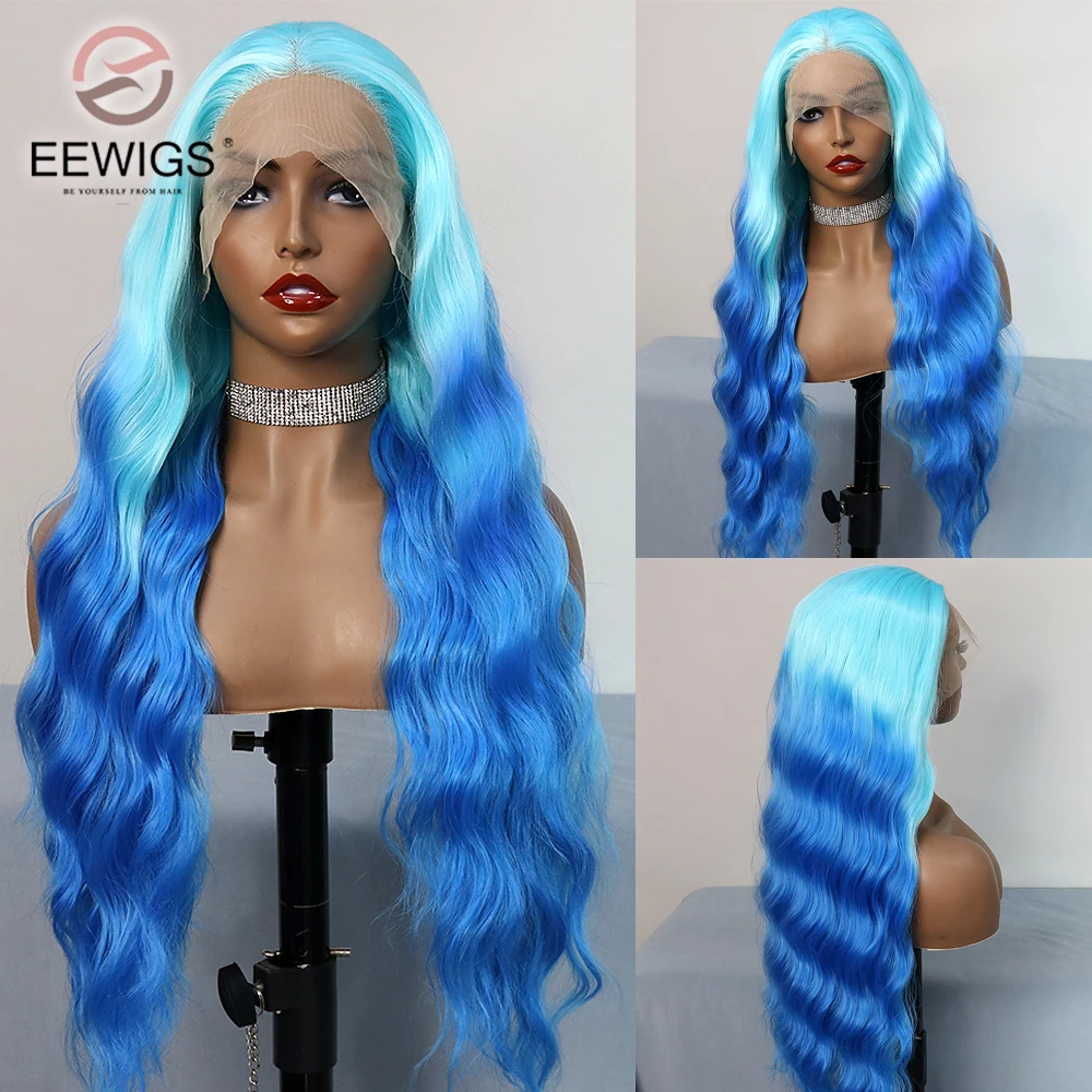 Loose Wave Synthetic Blue Ombre Colored 30 Inch High Temperature Fiber 13x4 Lace Front Preplucked Cosplay Wigs For Black Women