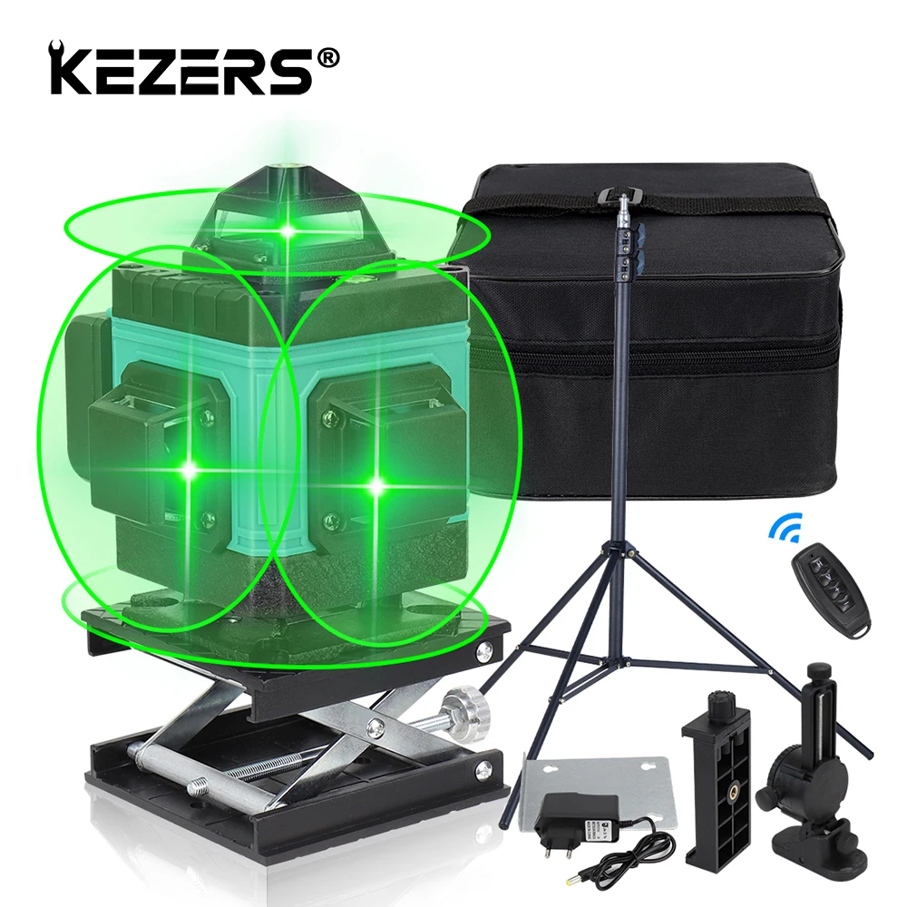 

Лазерный уровень KEZERS 4D, нивелир с 16 линиями Зеленого Цвета 360 с пультом дистанционного управления и регулируемым подъемным столом, штатив 2 м
