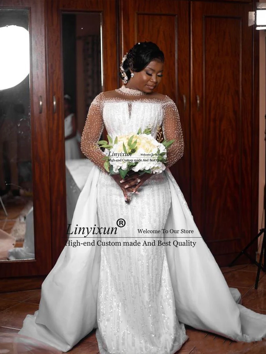 

2023 Arabic Aso Ebi Mermaid Luxurious Wedding Dress Beaded Sequined Lace Sexy Bridal Gowns Detachable Train Vestidos Novias Boda
