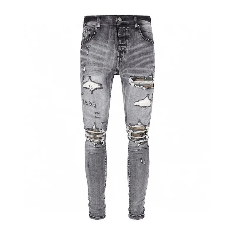 

Men Stretch denim jeans Quilted camouflage pattern printed canvas Ripped Skinny Distressed Distressing Destroyed moto biker pant