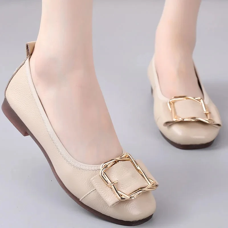 

Fashion Women's Dress Shoes 2022 Summer Metal Loop Loafers Ladies Soft Authentic Leather Office Flats Woman Hospital Nurse Shoes