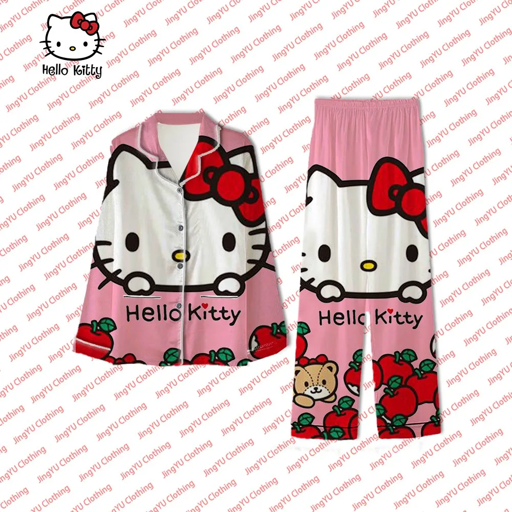 

Hello Kitty two-piece lapel pajamas low-cut sexy pajamas women's single-breasted long-sleeved wide-leg pants trousers set
