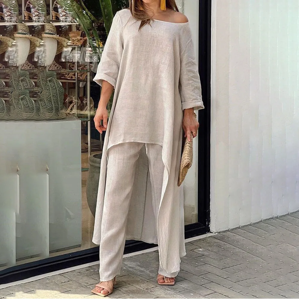 

Women Clothing Cotton Linen Two Piece Pant Set Casual Loose Irregular Long Sleeve Summer Fall Wide Leg Sets Vetement Femme