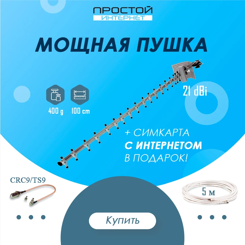 Комплект 3G/4G интернета для дачи ПУШКА с усилением 21 dB под ключ