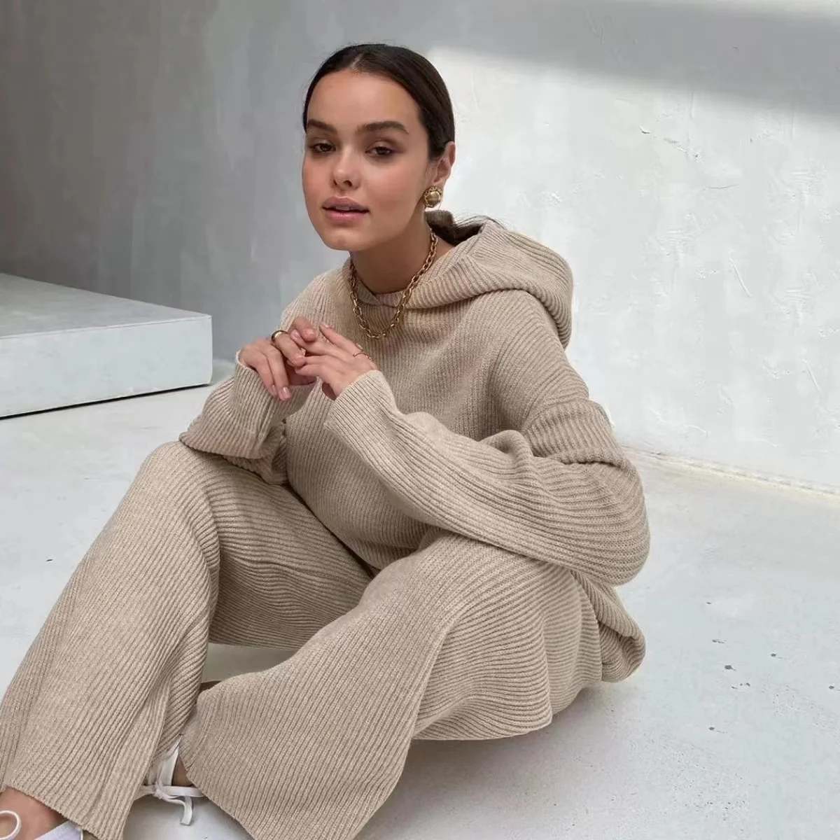 

Ladies Hooded Solid Color Knit Sweater Casual O Neck Drawstring Wide Leg Pants Set Autumn Winter Long Sleeve Homewear Loose Set