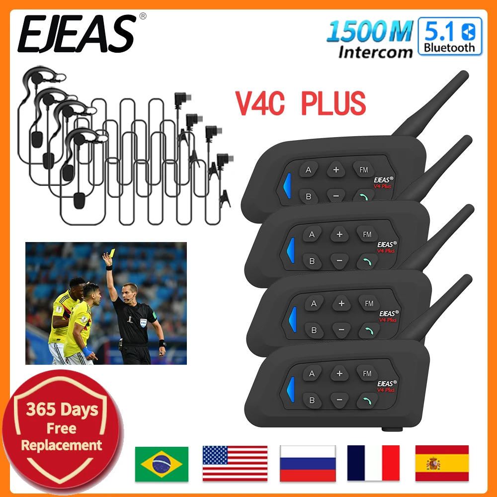 4 пользователя EJEAS V4C PLUS x4 Гарнитура для внутренней связи футбольного судьи 1500M
