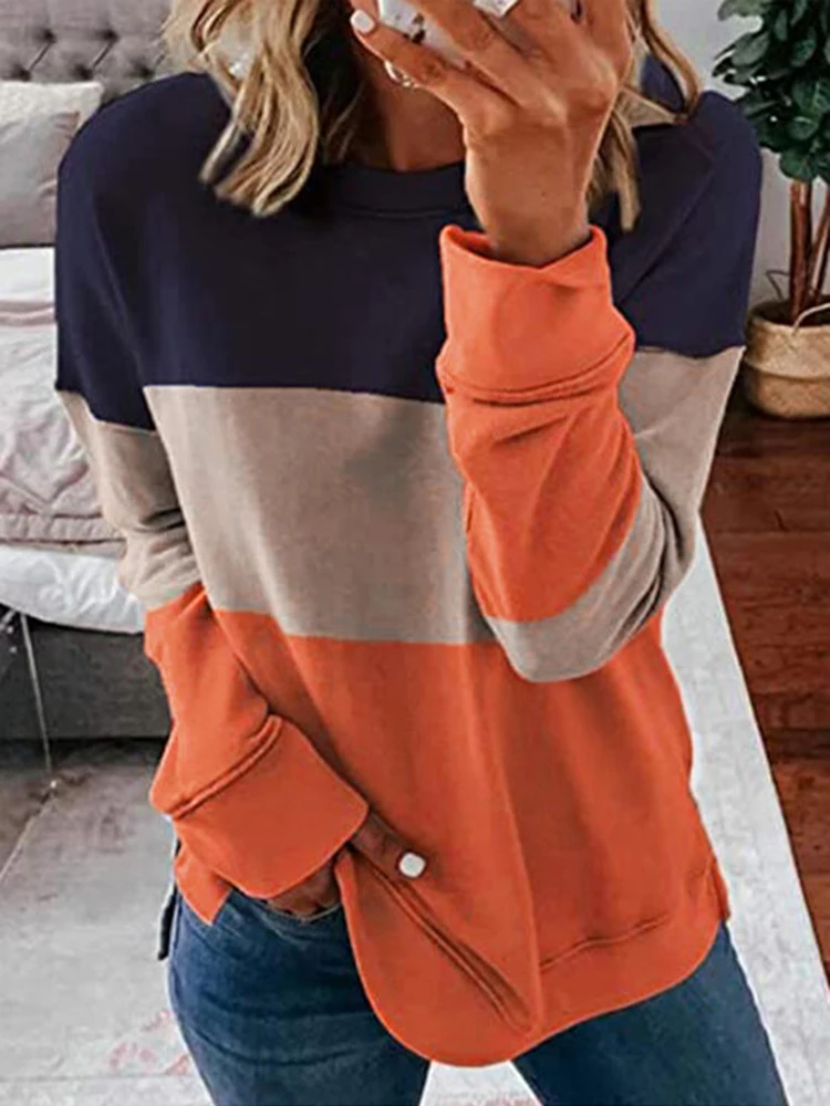 

Long Sleeve Tee Women Color Block Sweatshirt Loose Pullover Crewneck Tops Casual Sweatshirts Vintage y2k Striped T Shirt 2022