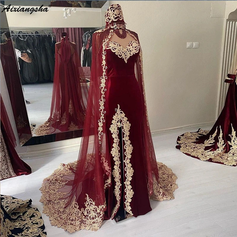 Aixiangsha Moroccan Caftan Evening Dress Gold Appliques Lace Cap Sleeve Burgundy Mermaid Velvet Arabic Prom Gowns Party Dress