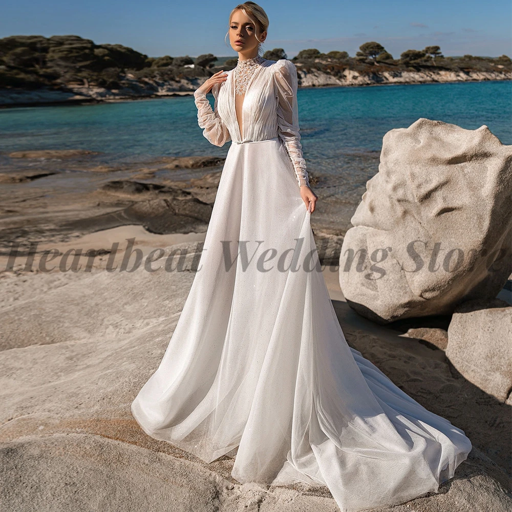 

Gorgeous High Neck Wedding Dress A-Line Long Sleeve Button Back Court Train Applique Sequins Beads Pearls Crystal 2023 Brides