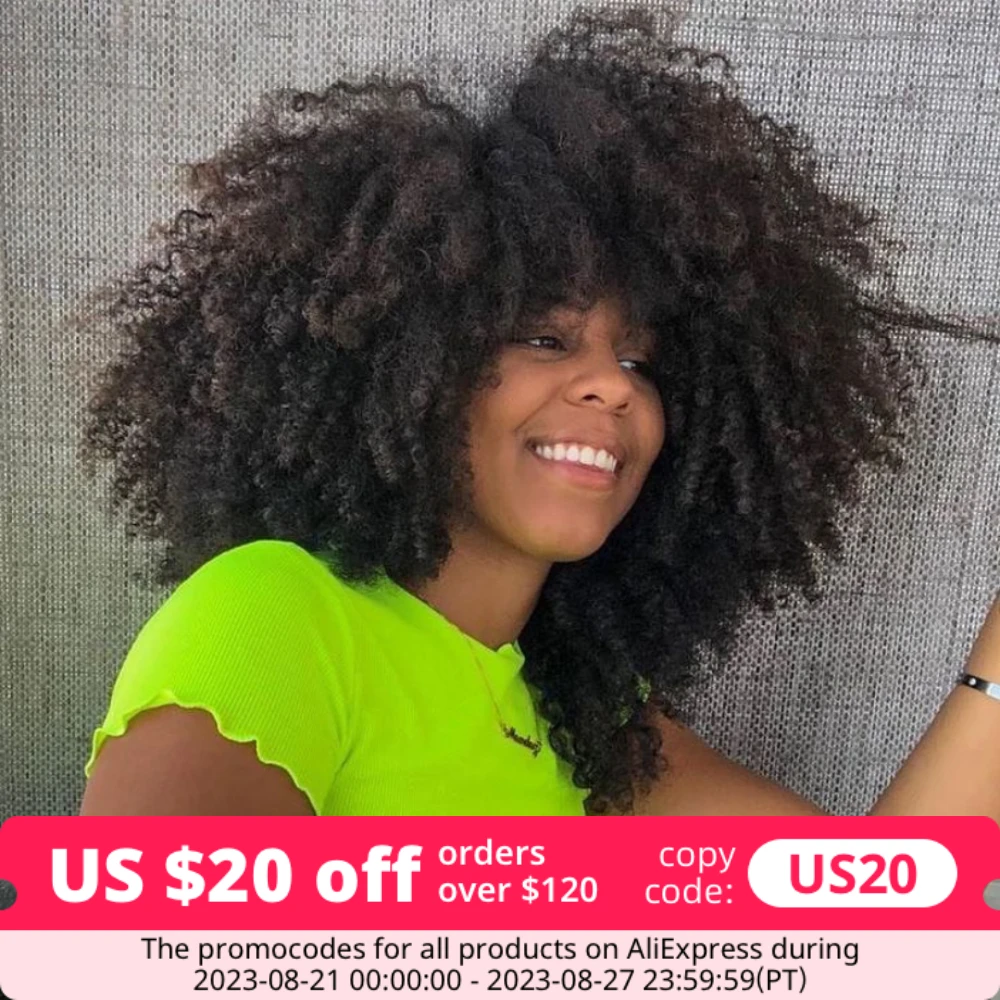 Afro Kinky Curly Wig With Bangs Full Machine Made Short Wig 180 220 Density 4B 4C Brazilian Short Curly Human Hair Wig For Women