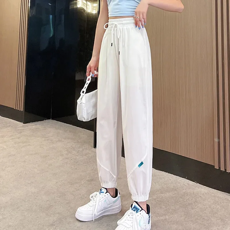 

Women Spring Thin Viscose Cargo Pants Women's Crisp Silky Quick-Drying Fabric Sweatpants Korea Style High-waist Cropped Trousers