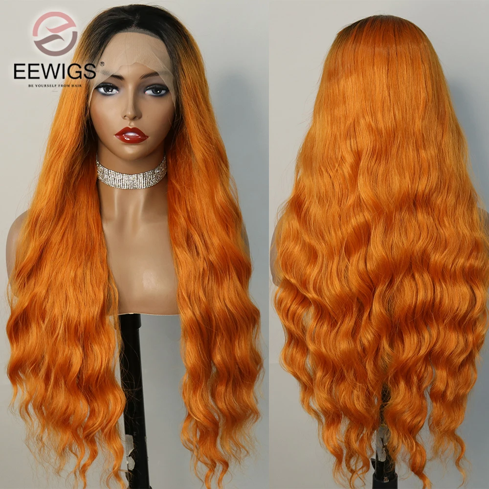 Long Wave Synthetic Ombre Orange Colored 30 Inch 13x4 Transparent Lace Front Drag Queen Preplucked Cosplay Wigs For Women Daily