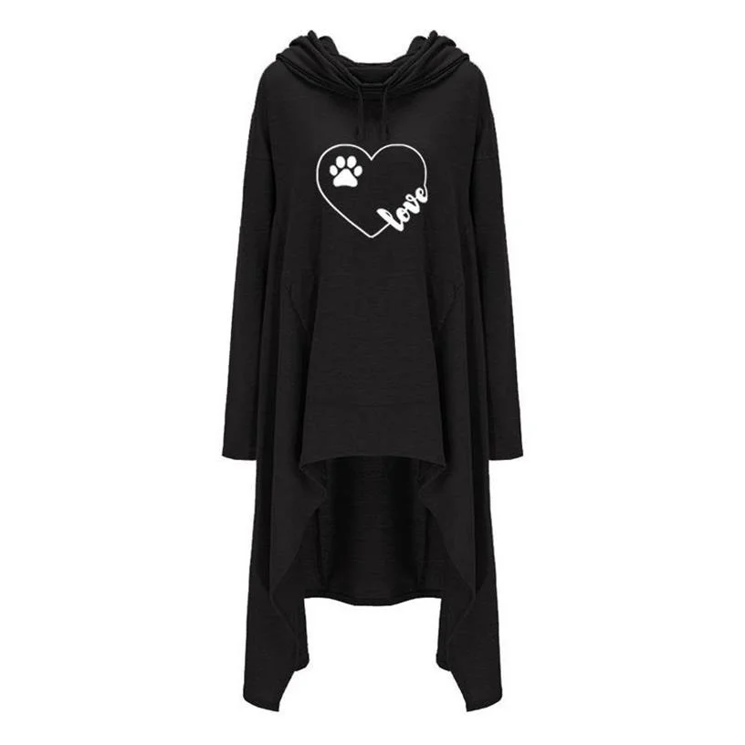 

Women Fashion Loose Hoodies Printed Kawaii Dog Paw LOVE Letters For Casual Sweatshirts Women OverSize Irregular Hoodie Clothes