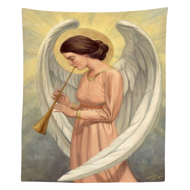 

Musician Angel Wall Hanging Trumpet Girl Sun Shine Background Supernatural Spiritual Polyester Tapestry By Ho Me Lili