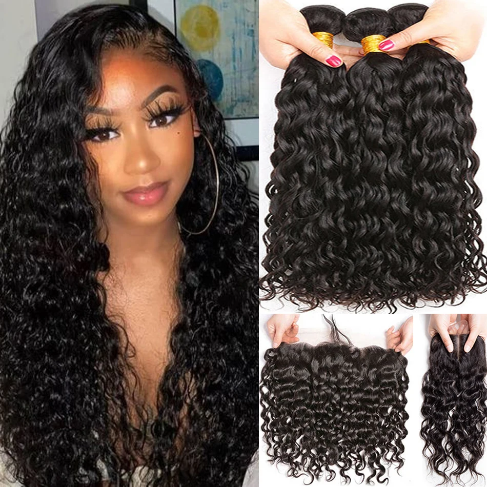 

Indian Water Wave Bundles With Closure Wet and Wavy Raw 12A Human Hair Bundles With Remy Hair Weave 3Bundles With 13X4 Frontal