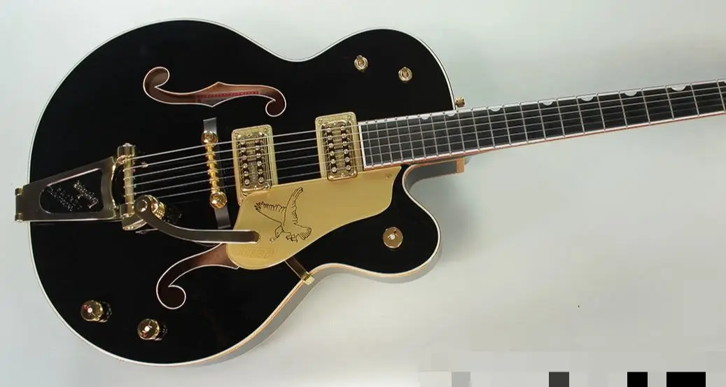 

Black Falcon Single Cutaway Hollow Body Arched Top Electric Guitar Grover Imperial Tuners, Gold Sparkle Binding, Bigs Tremolo Br