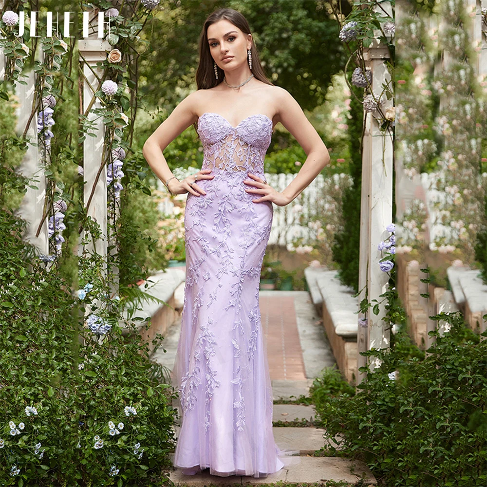 

JEHETH Exquisite Mermaid Evening Dress Lilac Women Strapless Open Back Party Tulle Lace Appliques Prom Gown Vestidos De Fiesta