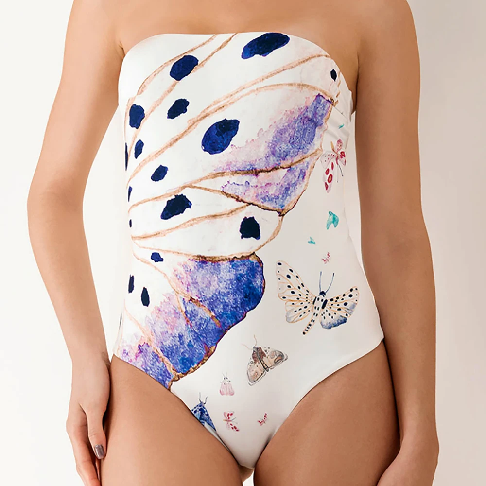 

White Bandeau One Piece Swimsuits And Cover-Ups Print Chic Monokini Sexy Swimwear For Girls Women Bathing Biquini Naranja 2022