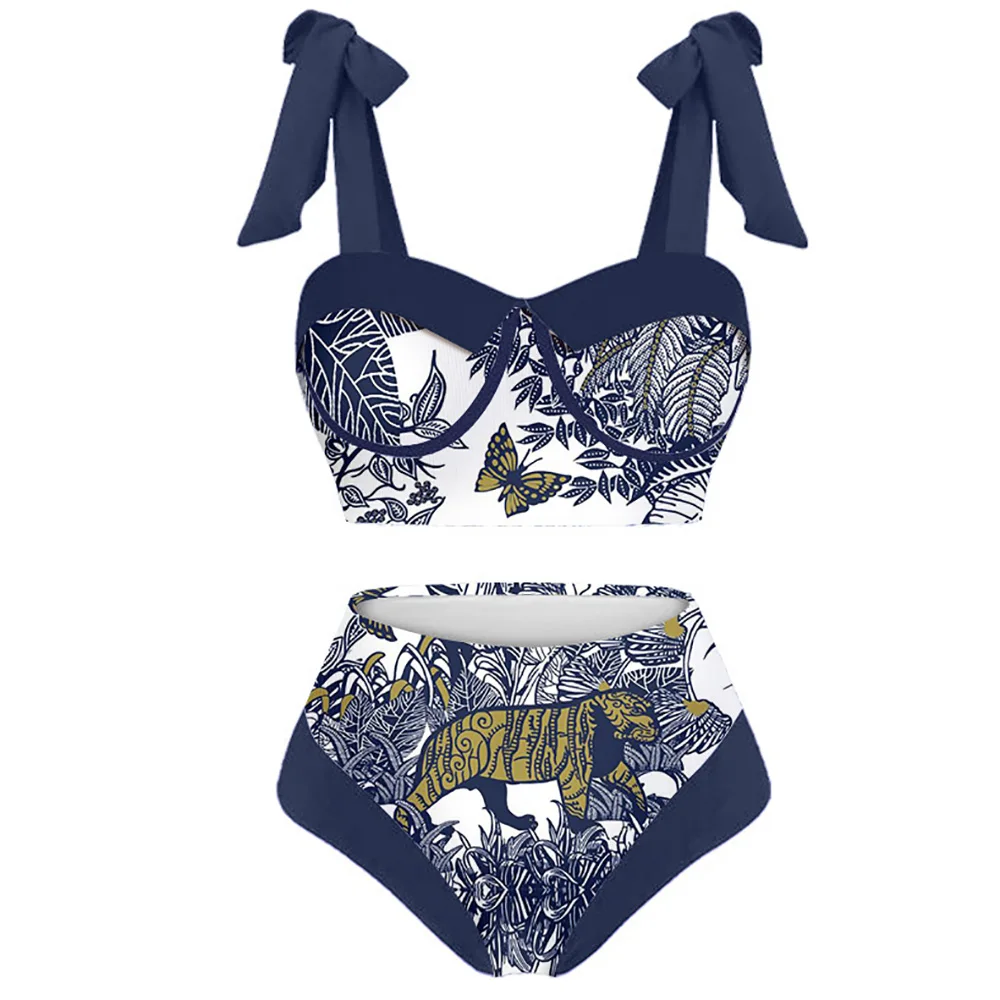 Fashion Butterfly Tiger Print Bikini Slim Beachwear Women's  Pull Up Sling High Waist Patchwork Swimsuit Retro Swimwear