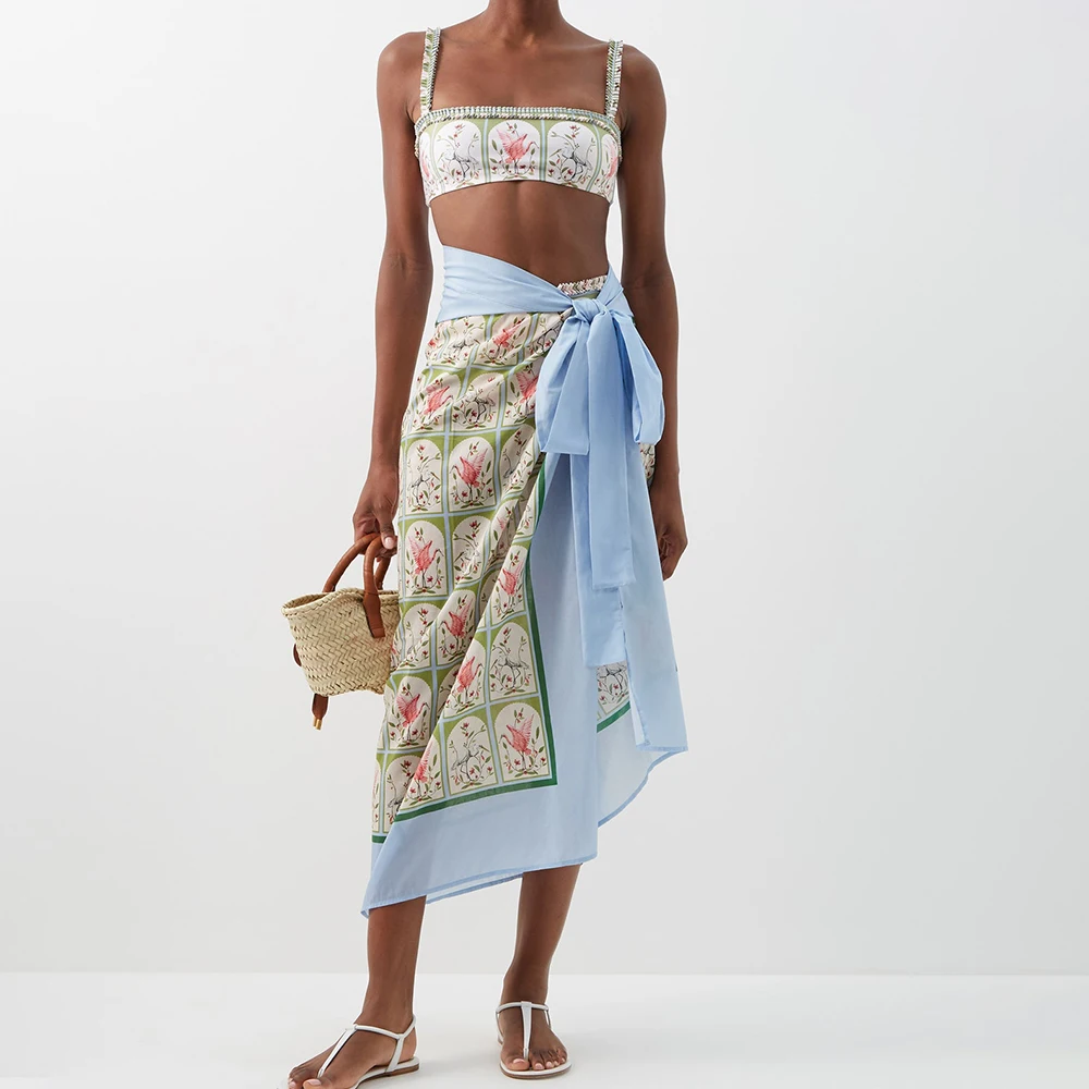 

2022New Flamingo Print Two-Piece Bikini Set Sling Retro Square Neck High Waist Cropped Swimsuit Backless Sexy Beachwear Push-ups