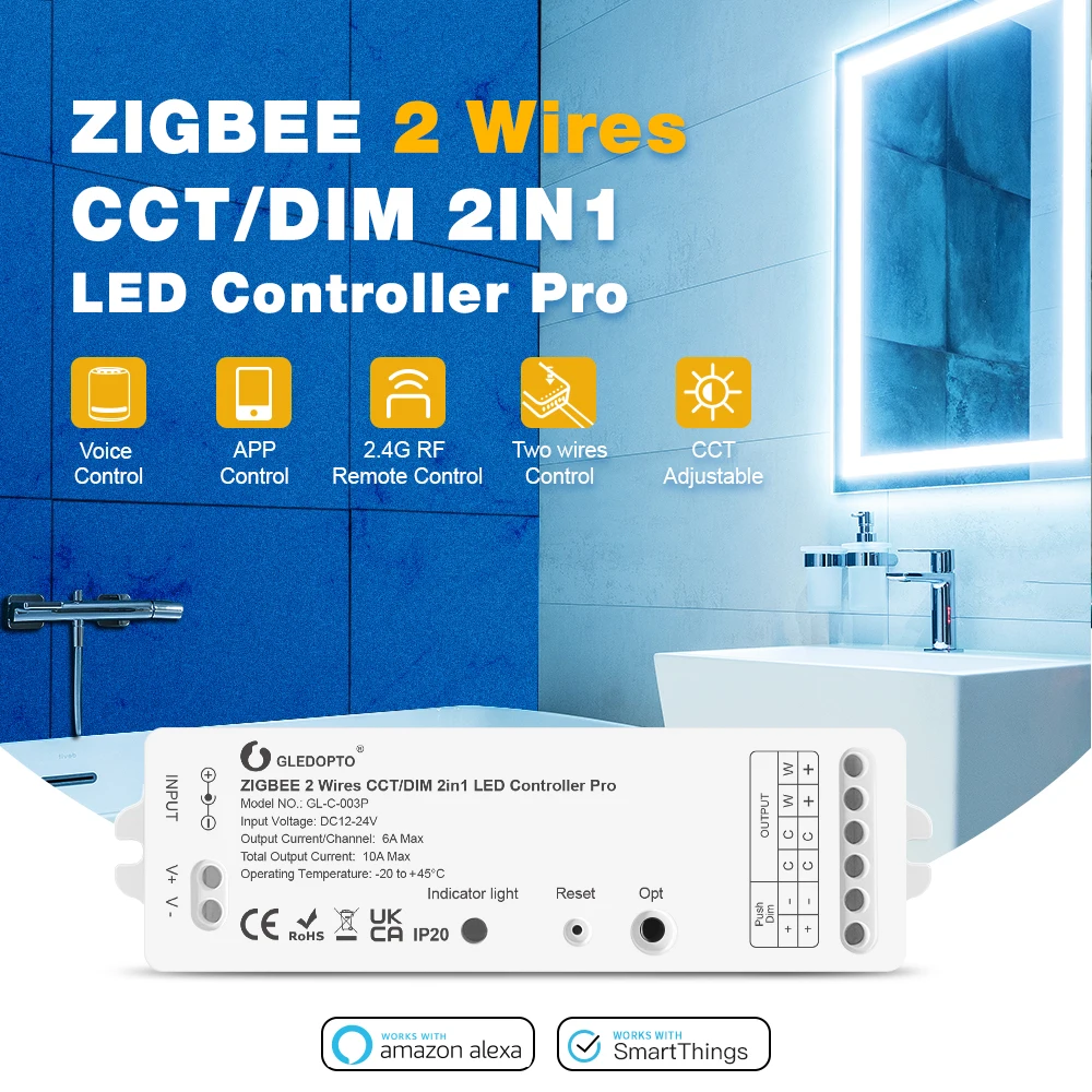 GLEDOPTO CCT Dimmable LED Controller Pro ZigBee3.0 Work with SmartThings Alexa App Voice for 2 Wires Ultra Thin CCT Strip Light