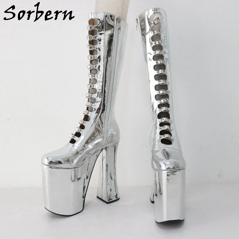 Sorbern Metallic Block Heel Boots Women Knee High Drag Queen Shoes Thick Platform Fetish High Heels Round Toe Hollow Out Front