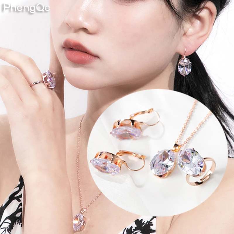 

8 Colors Vintage Shiny Cubic Zirconia Water Drop Necklace Earring Ring 3 Pcs Shinny CZ Stone Wedding Jewelry Set for Bride Women