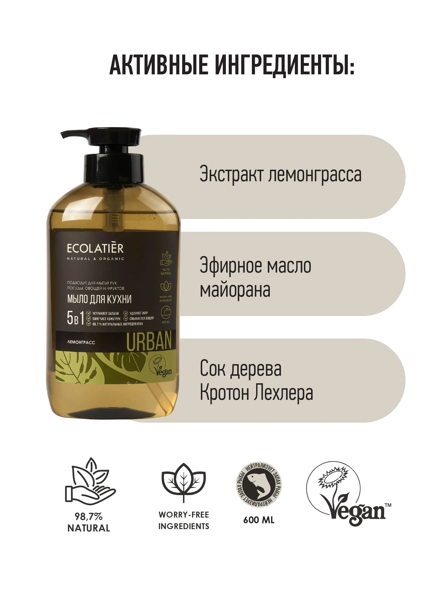Жидкое мыло для рук ЛЕМОНГРАСC кухонное 600 мл Ecolatier |